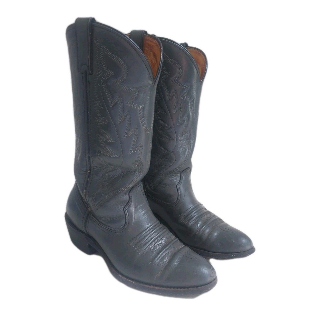 Mens Gray Leather Fancy Stitched Pointed Toe Western Boots Size 7.5D